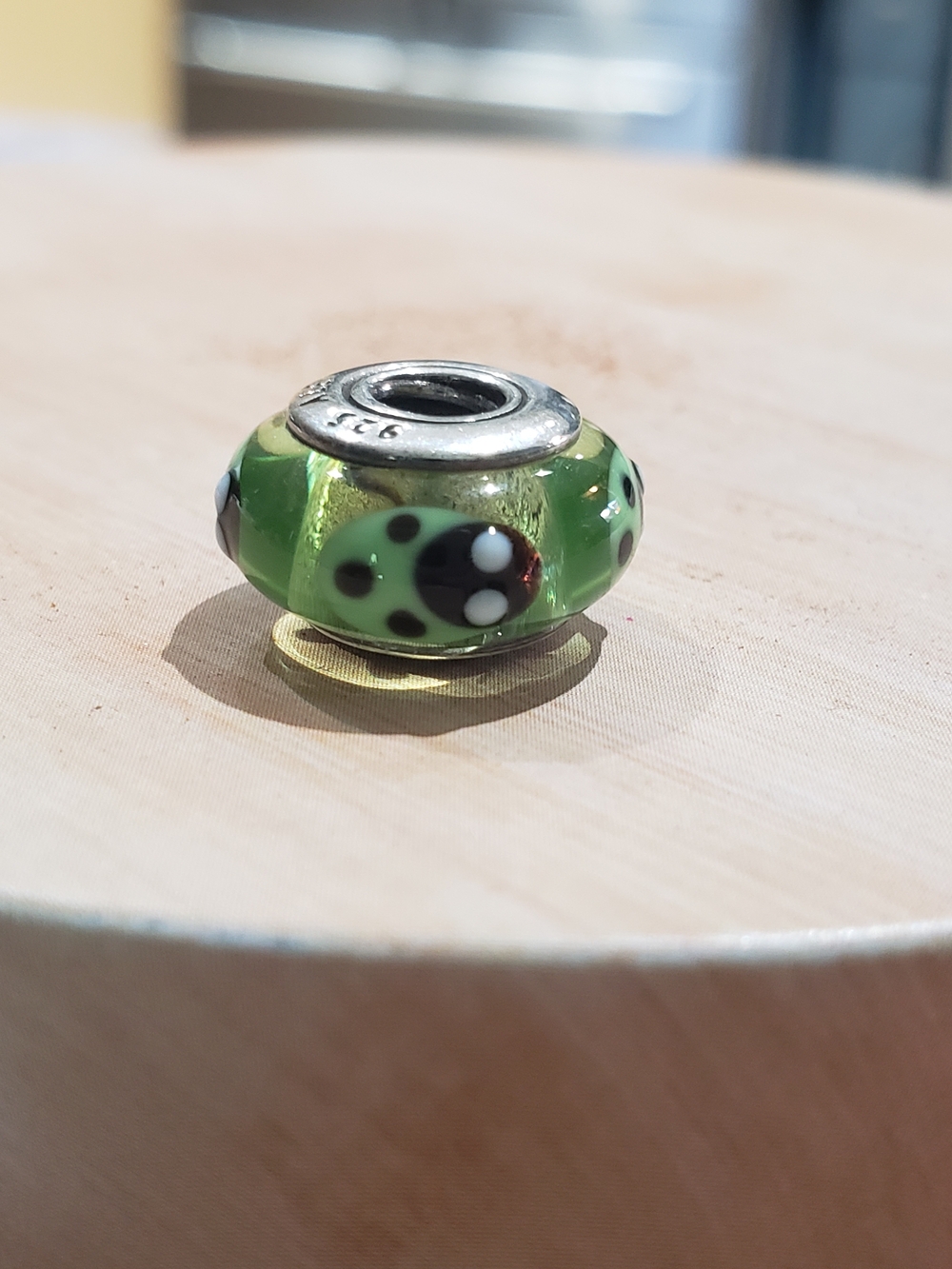 Pandora Green Glass Bead Charm with Black & White Dots